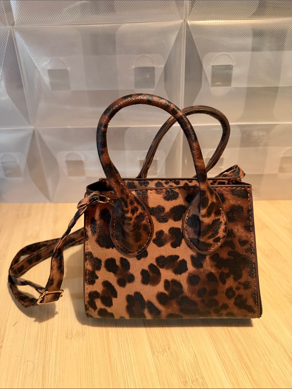 Leopard Print Mini Tote Handbag - Brown